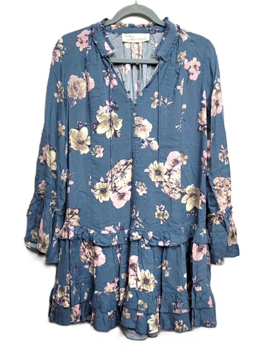 Vintage Havana Blue Floral Long Sleeve Mini Dress Medium